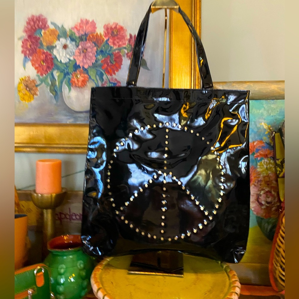 NWTO - World Market Black Patent Leather-like Tote with a studded Peace Sign
